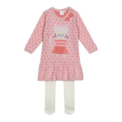 bluezoo Baby girls' pink cat stitched knitted dress and white tights set